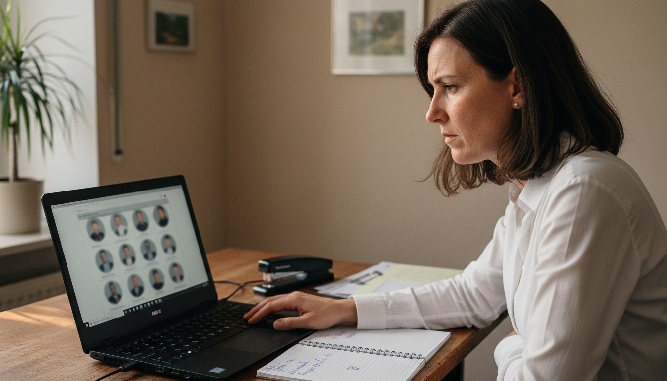 Recruiterin in deutschem KMU-Büro recherchiert konzentriert Talent-Profile auf ihrem Laptop