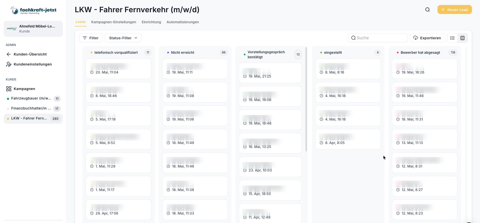 Auszug aus dem internen Lead-Tracking einer Logistik-Kampagne mit 280 Leads, 4 Einstellungen, Spalten telefonisch vorqualifiziert / nicht erreicht / Vorstellungsgespräch bestätigt / eingestellt / Bewerber hat abgesagt