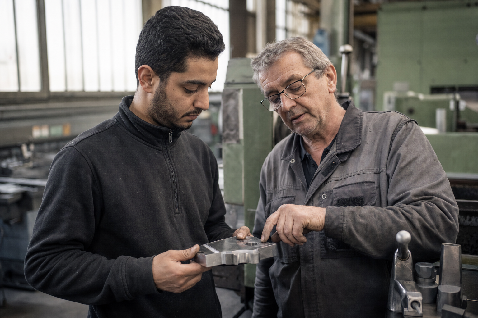 Internationale Fachkraft und Inhaber eines Mittelständlers im Gespräch in einer Werkstatt