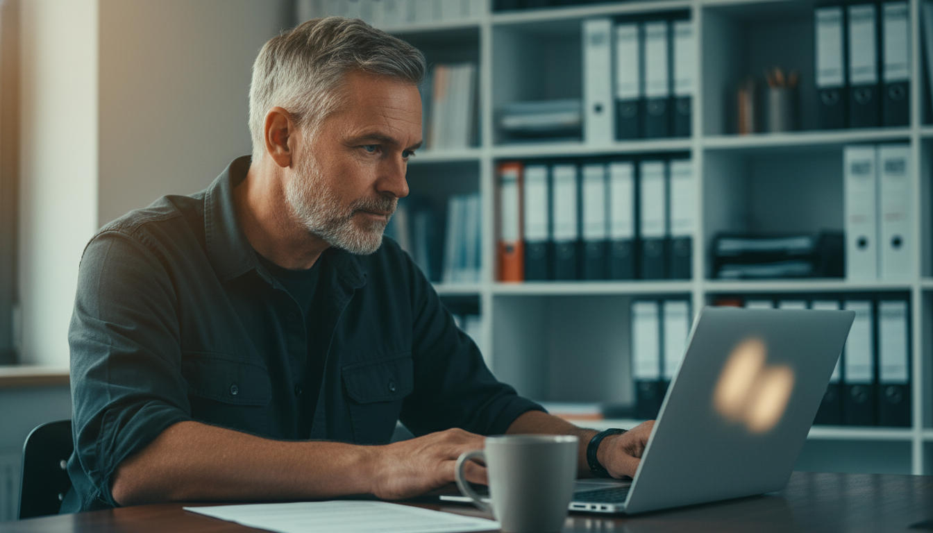 KMU-Unternehmer prüft konzentriert eine Stellenanzeige am Laptop im Büro