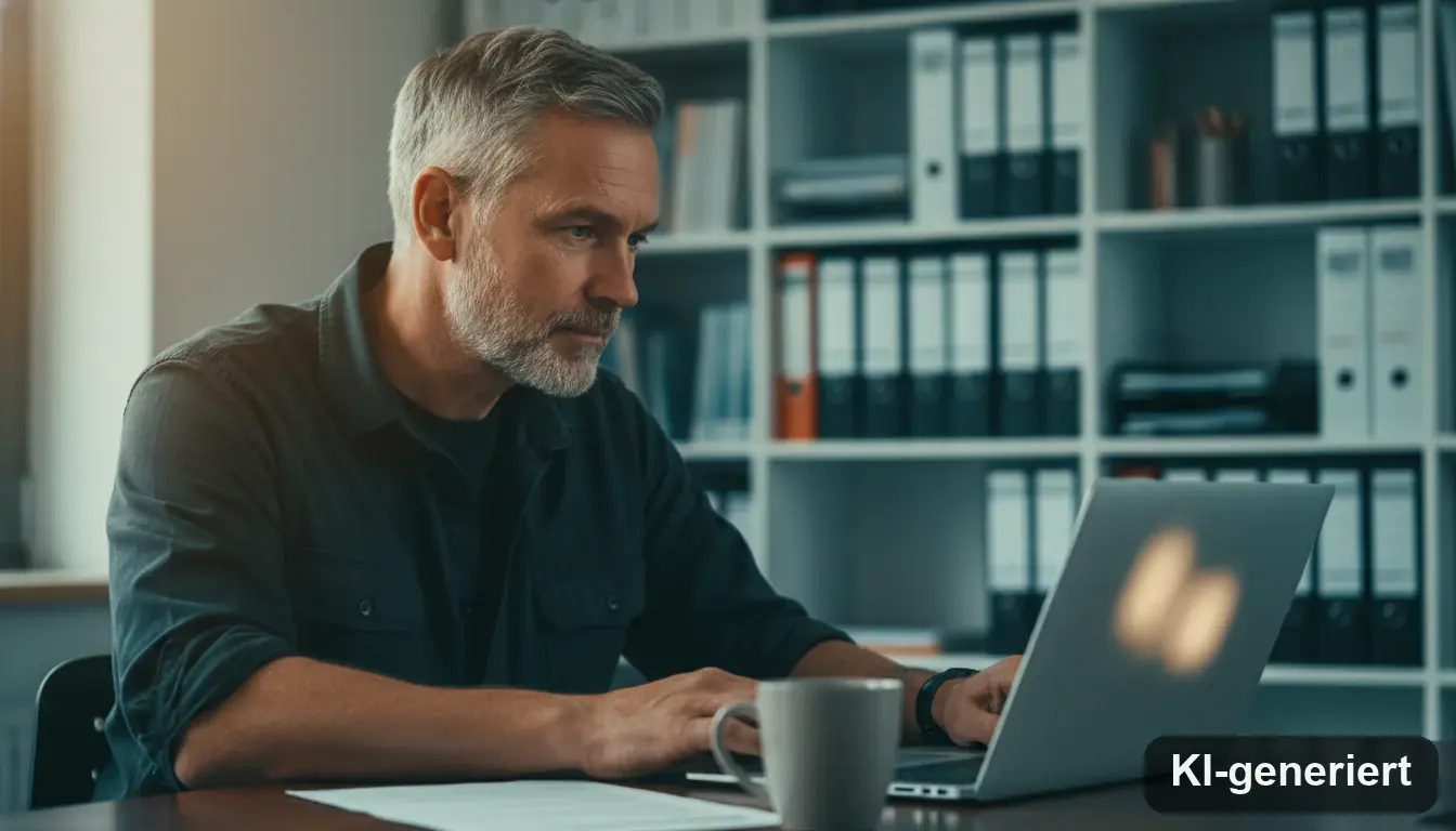 KMU-Unternehmer prüft konzentriert eine Stellenanzeige am Laptop im Büro
