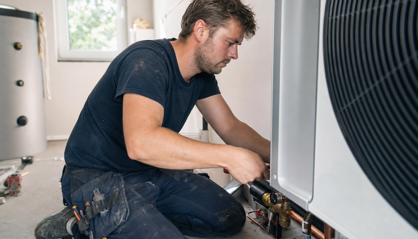SHK-Geselle bei der Montage einer Wärmepumpe in einem Handwerksbetrieb