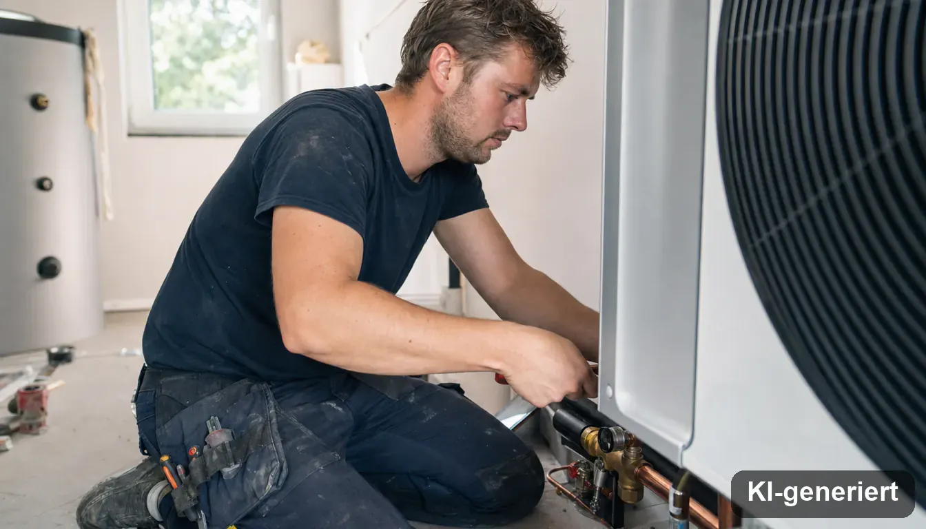 SHK-Geselle montiert eine Wärmepumpe in einem Handwerksbetrieb
