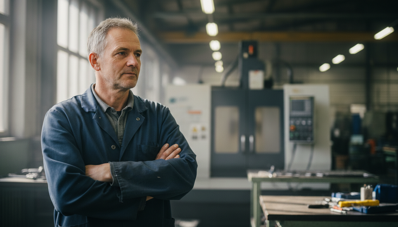 Inhaber eines Mittelstaendlers vor leerer Werkstation in seiner Fabrik