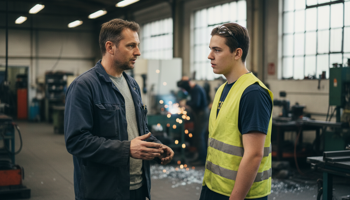 KMU-Inhaber im Gespraech mit jungem Lehrling in einer Metallwerkstatt