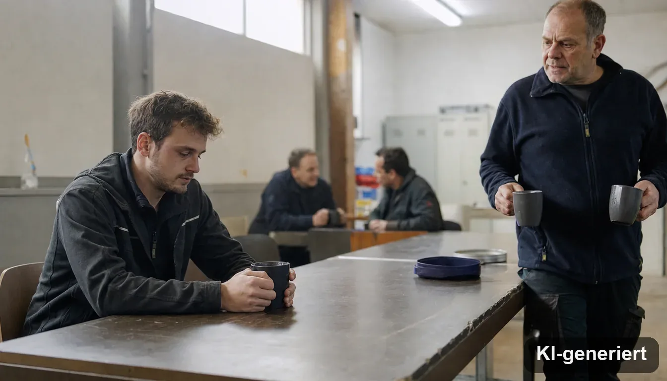 Neuer Mitarbeiter sitzt allein am Pausentisch, der Vorgesetzte kommt mit zwei Kaffeebechern dazu