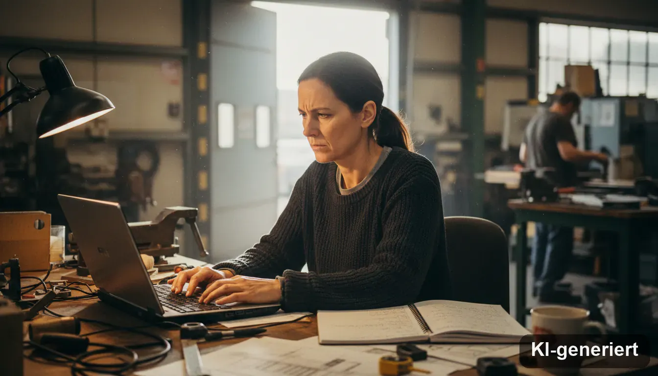 Werkstattleiterin am Schreibtisch im Büro einer Industriewerkstatt