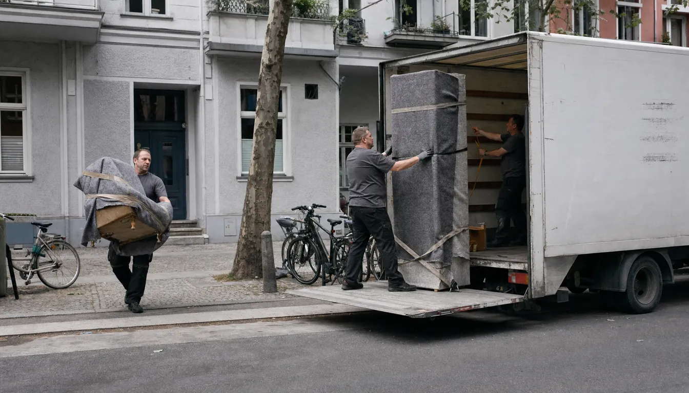 Umzugsteam belädt einen Möbelwagen mit Hebebühne in einer Berliner Wohnstraße